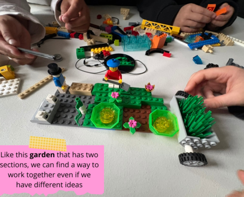 Un jardin construit en Lego, symbolisant l'union de différentes idées.