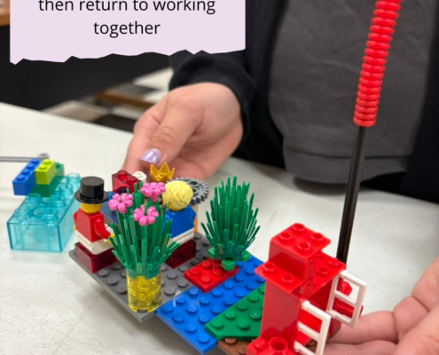 Scène en Lego avec une fenêtre ouverte pour symboliser la bouffée d'air frais dont on a besoin pendant les séances de travail.