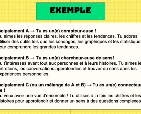 Une diapositive qui présente les différents profils de chercheur ou chercheuse qui peuvent ressortir du quiz de personnalité.